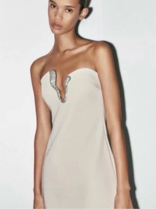 Zara Dresses & Skirts - Zara Cream Strapless Mini Dress with Silver Embellished V-Neck